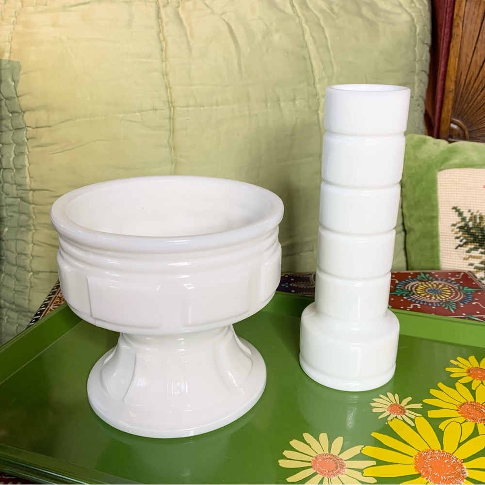 Deco Milk Glass Vase and Compote